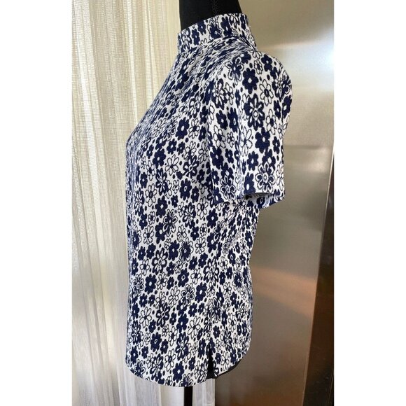 Vintage 70s top, crazy daisies, navy blue short sleeves shirt - Picture 4 of 9